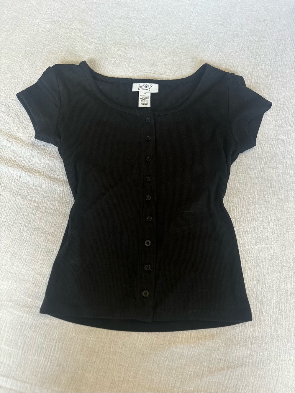 JoyLab Black Ribbed Button-Front Short Sleeve Top